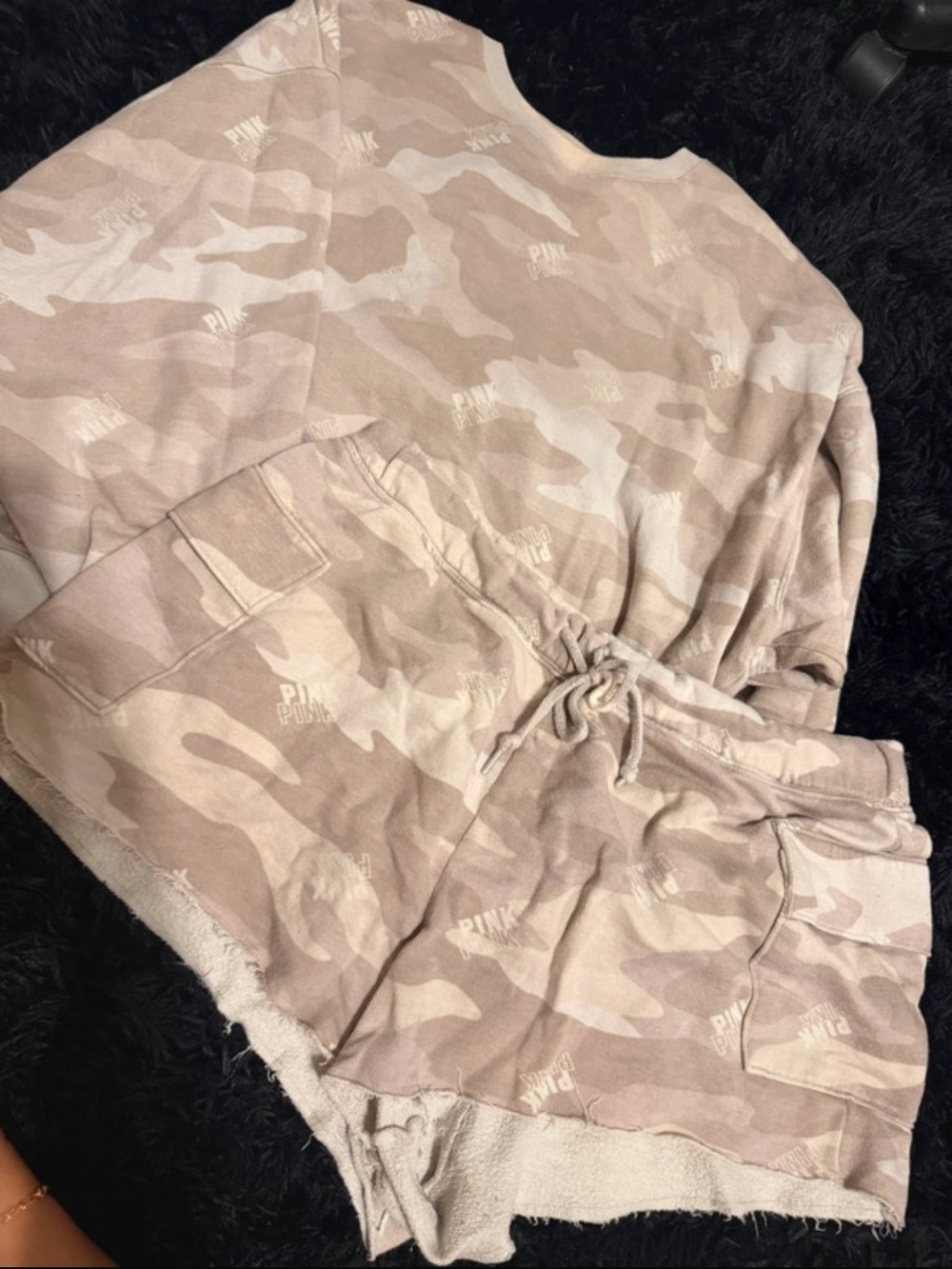 PINK Victoria's Secret Tan Camo Crewneck and Shorts Set